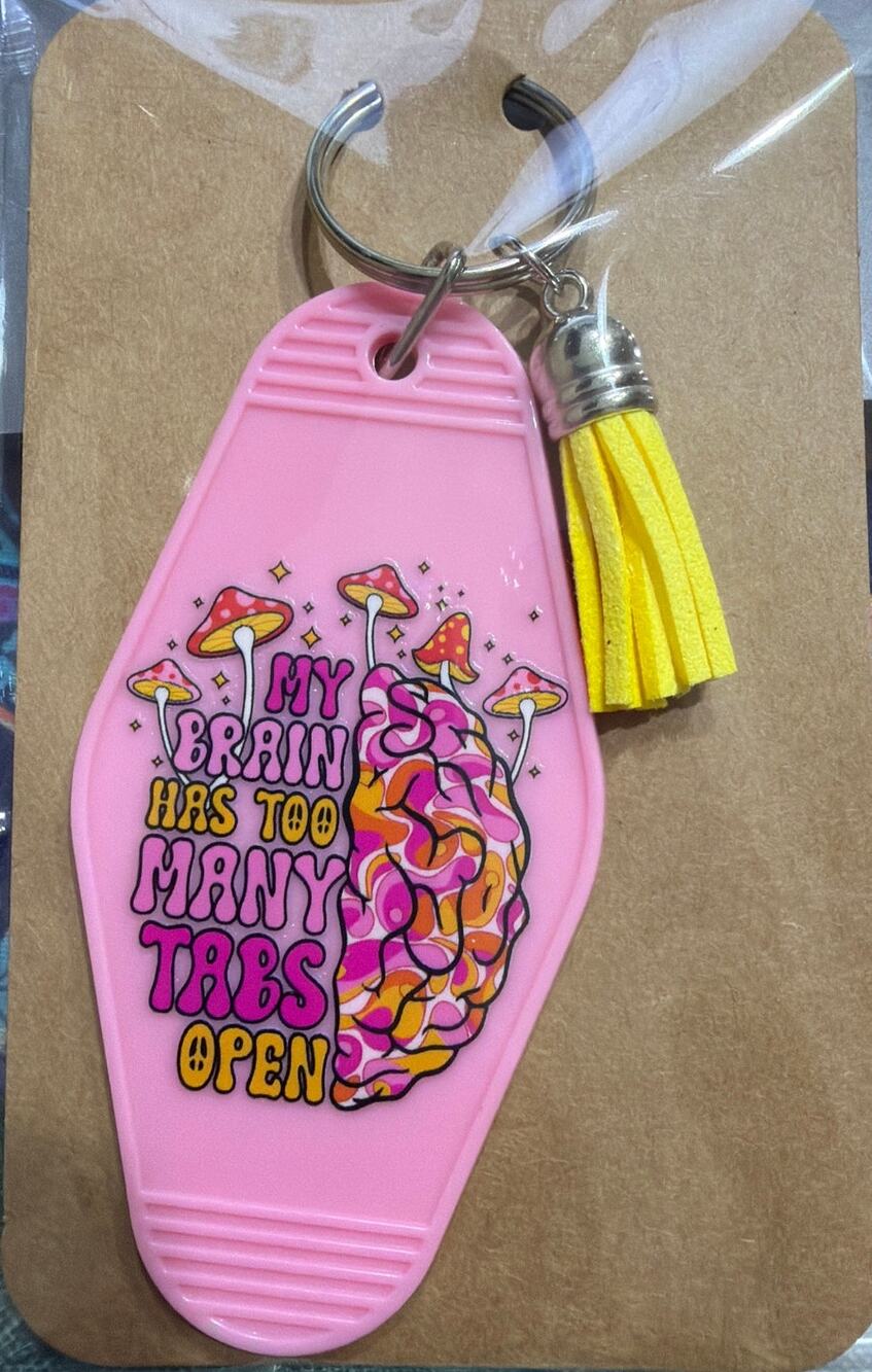 Too Many Tabs Open Pink & Yellow Tassel Vintage Hotel Motel Keychain Key Chain